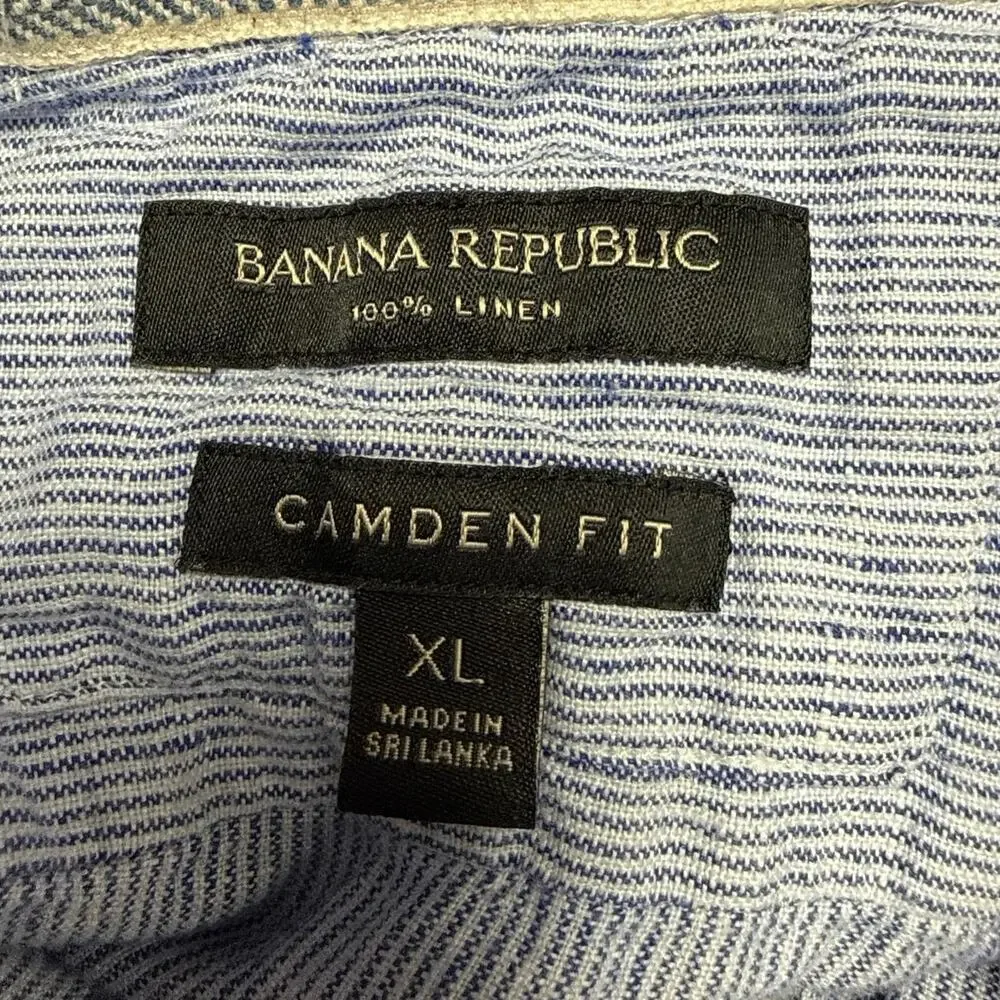 Banana Republic Mens 100% Linen Short Sleeve Shirt XL Blue White Stripe Preppy